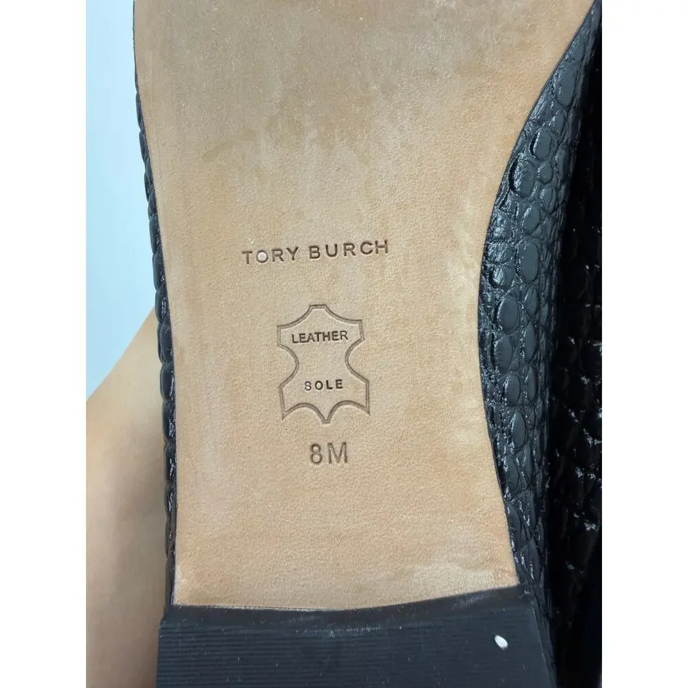 Tory Burch Georgia Ballet Flats 8M Black Croc Embossed Leather Logo Square Toe